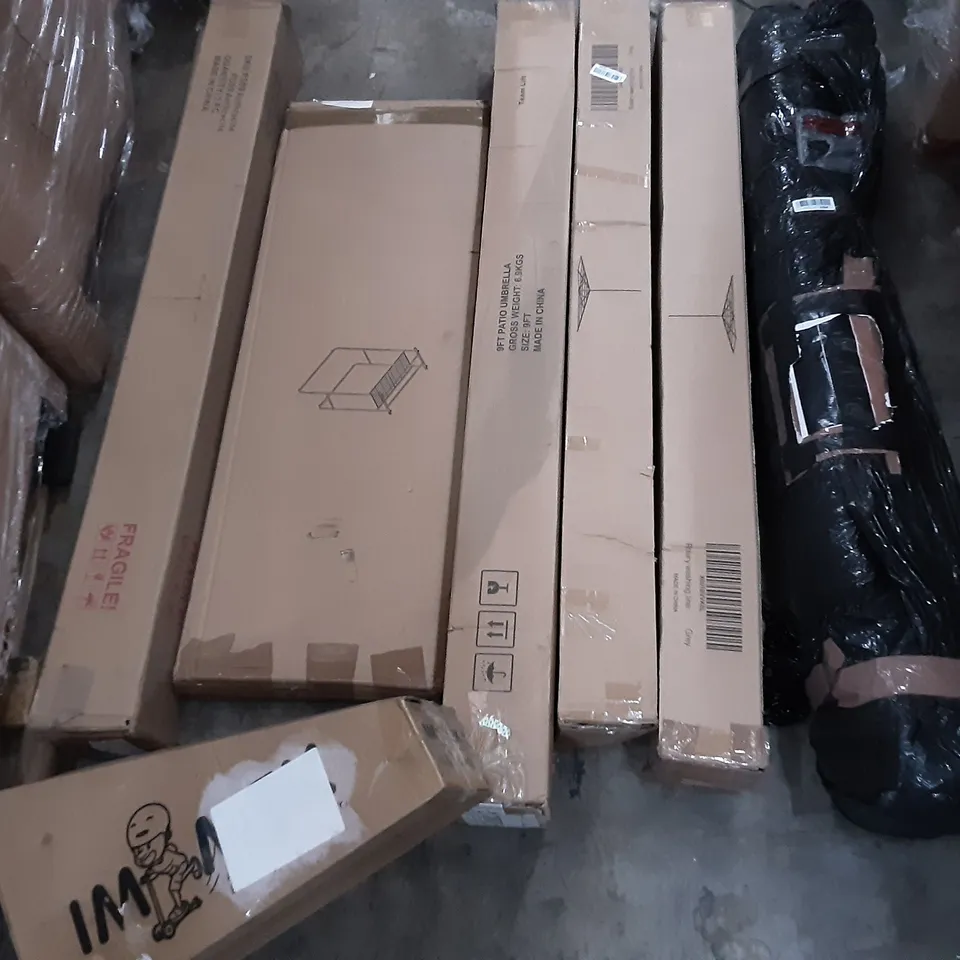 PALLET OF ASSORTED PRODUCTS INCLUDING PATIO UMBRELLA, IM MEK KIDS SCOOTER, RECCI BEDDING, EWEDOO YOGA MAT, LED ROPE LIGHT