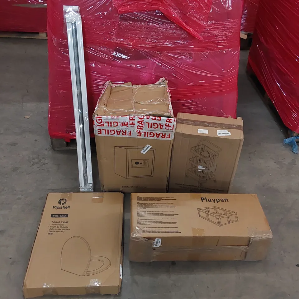 PALLET OF ASSORTED CONSUMER PRODUCTS TO INCLUDE: SAFE BOX, PLAYPEN, PORTABLE SHELVES, BLINDS, 5OILET SEST ECT