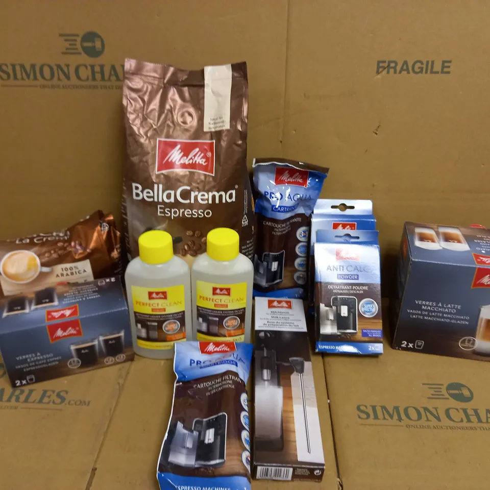 BOX OF ASSORTED COFFEE AND COFFEE MACHINE CLEANING PRODUCTS