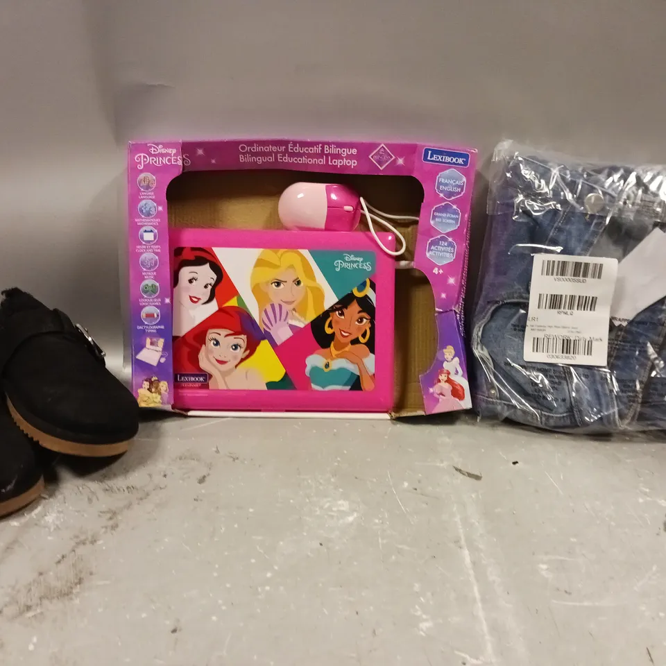 BOX OF APPROXIMATELY 5 ASSORTED ITEMS TO INCLUDE - NEW LOOK CLOGS , DISNEY PRUNCESS LEXIBOOK , EVERYDAY SKINNY JEANS ETC