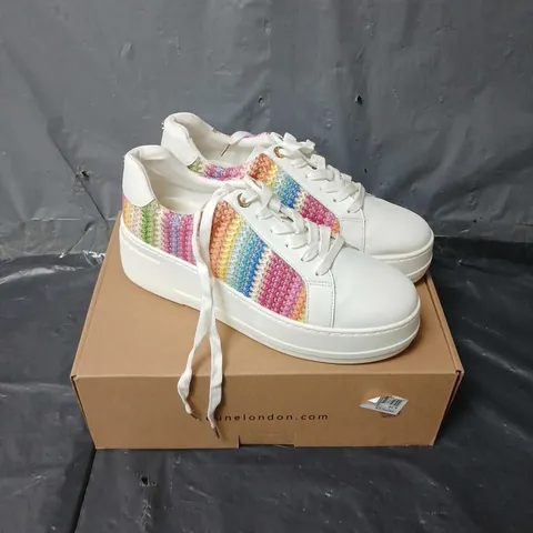 BOXED PAIR OF DUNE LONDON MULTI-SYNTHETIC FLATFROM LACE SPORTS SHOES IN WHITE - SIZE 6