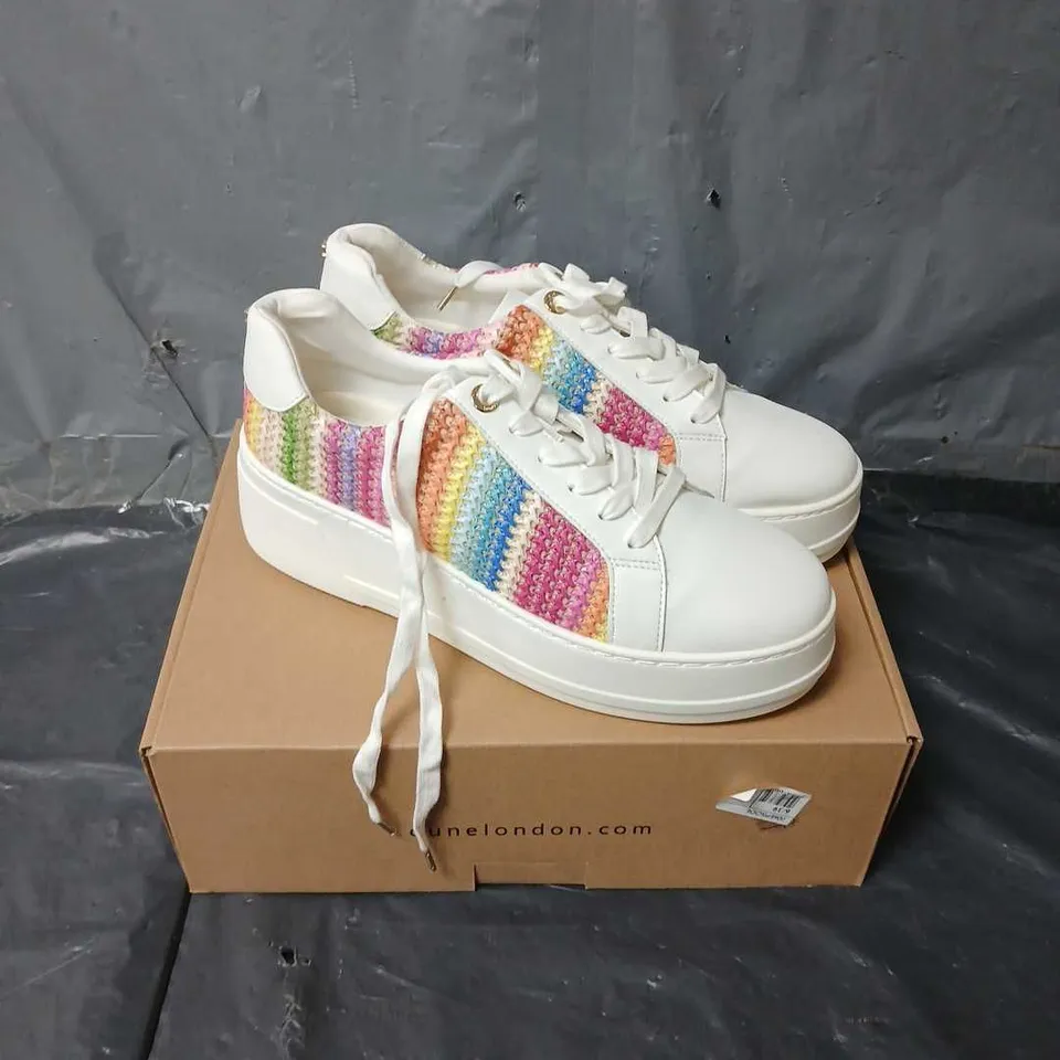 BOXED PAIR OF DUNE LONDON MULTI-SYNTHETIC FLATFROM LACE SPORTS SHOES IN WHITE - SIZE 6