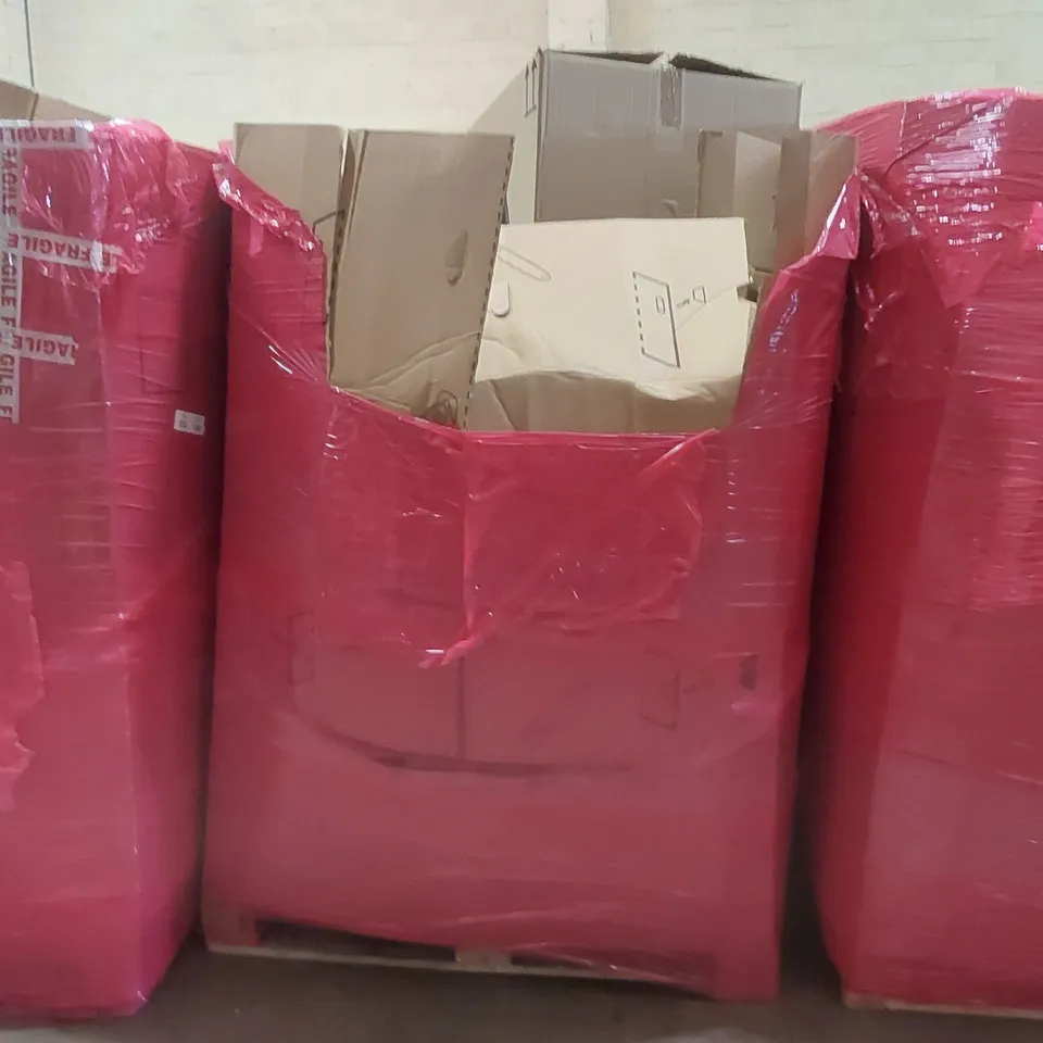 PALLET OF ASSORTED ITEMS INCLUDING: FOAM ROLLERS, LOWER BACK STRETCHING MASSAGER, BED SIDE NIGHTSTAND, BRUSH, BLUE NITRILE GLOVES ECT