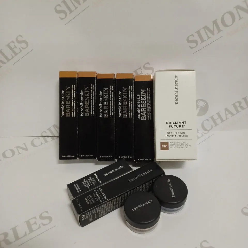 LOT OF 10 ASSORTED BARE MINERALS BEAUTY PRODUCTS TO INCLUDE AGE DEFENSE & RENEW SERUM, SERUM CONCEALER, LIPSTICK, LIP GLOSS, AND EYE COLOUR 