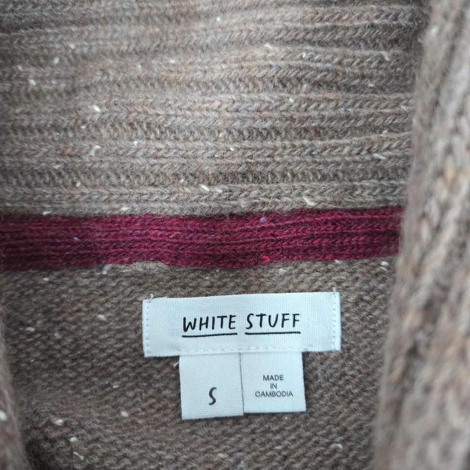 WHITE STUFF BROWN CABLE-KNIT JUMPER, MADE IN CAMBODIA, UK SIZE S