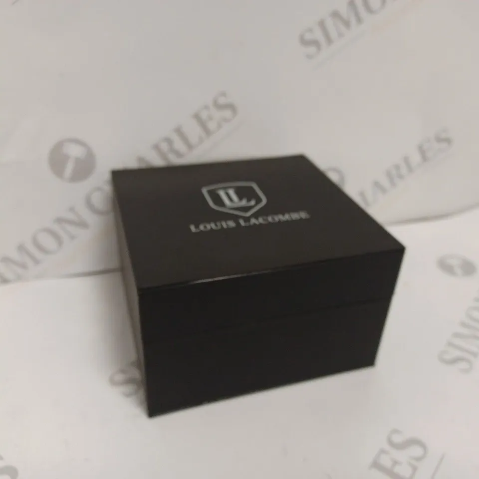 LOUIS LACOMBE MENS WATCH - MULTI FUNCTION BLACK DIAL - STAINLESS STEEL CASE - LEATHER STRAP - 3ATM WATER RESISTANT - DISPLAY BOX