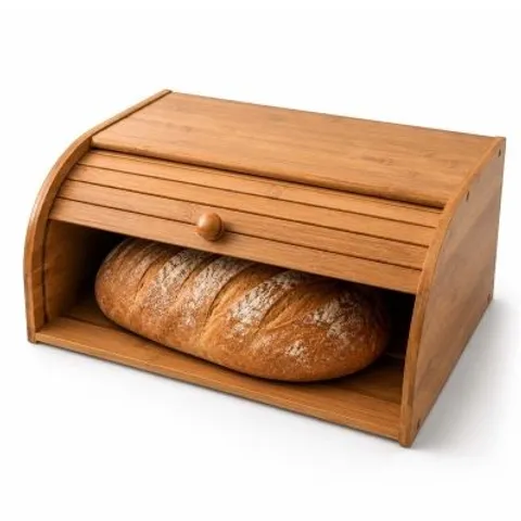 BOXED OYPLA SINGLE LAYER ROLL TOP BAMBOO WOODEN BREAD BIN KITCHEN STORAGE