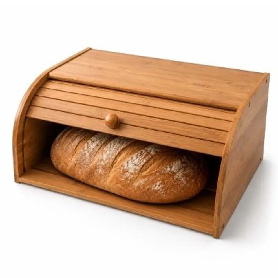BOXED OYPLA SINGLE LAYER ROLL TOP BAMBOO WOODEN BREAD BIN KITCHEN STORAGE