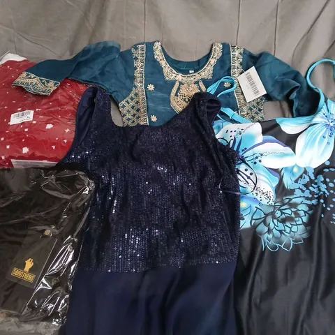 LARGE BOX OF ASSORTED CLOTHING ITEMS IN VARIOUS SIZES, STYLES AND COLOUR TO INCLUDE SWIMSUIT, DRESS, SWEATER, ETC