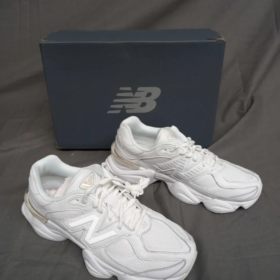 BOXED PAIR OF NEW BALANCES 9060 ALL WHITE SIZE UK 8