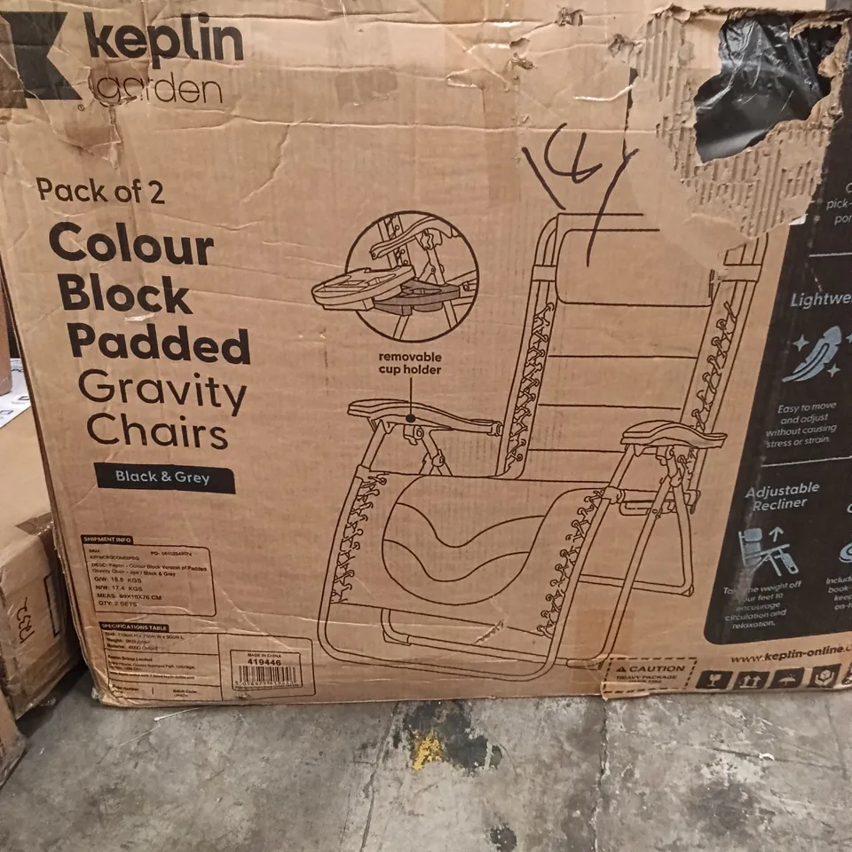 BOXED KEPLIN GARDEN GRAVITY CHAIRS PACK OF 2 REY & BLACK