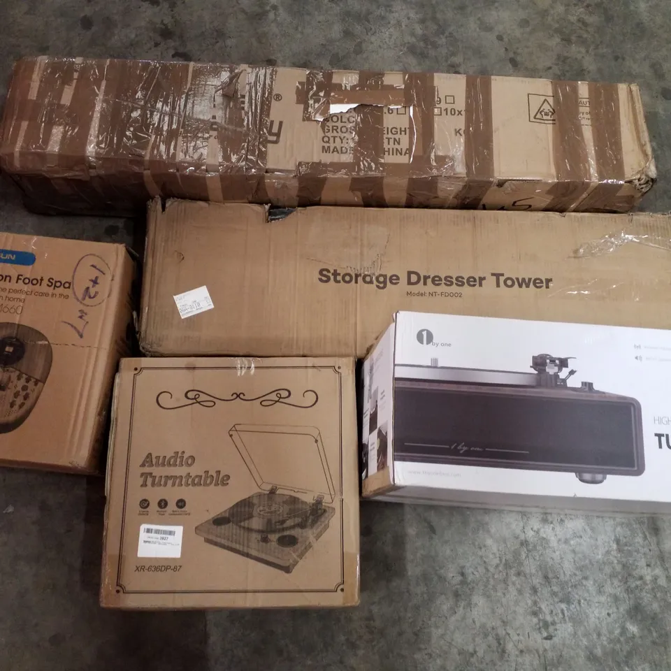 PALLET OF ASSORTED PRODUCTS INCLUDING FOOT SPA, AUDIO TURNTABLE, STORAGE DRESSER TOWER, COMPACT CANOPY 