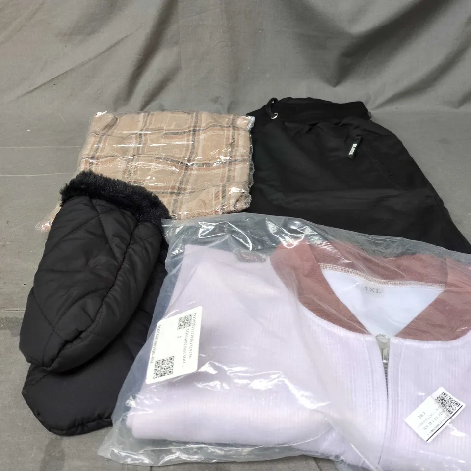 BOX OF APPROXIMATELY 15 ASSORTED CLOTHING ITEMS TO INCLUDE GLOVES, PLAID SHIRT, BLACK CASUAL TROUSERS, ZIP UP TOP ETC