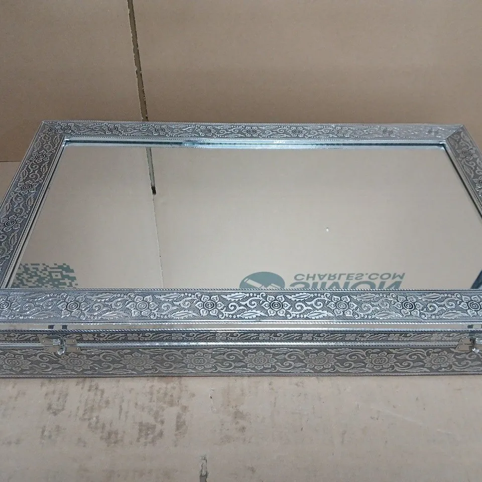 ORNATE SILVER-TONE LARGE JEWELLERY BOX WITH MIRROR LID AND BURGUNDY VELVET INTERIOR