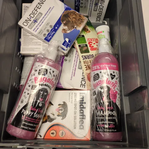 MIX OF APPROXIMATELY 10 DOG PRODUCTS INCLUDING SHAMPOO, FLEA DEFENSE, PAW CLEANER ETC.