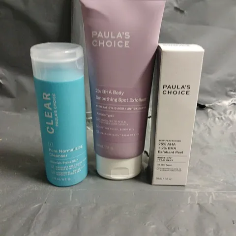 PAULA'S CHOICE LOT OF 3 ASSORTED SKINCARE PRODUCTS TO INCLUDE - 2% BHA BODY SMOOTHING SPOT EXFOLIANT, 25% AHA + 2% BHA EXFOLIANT PEEL, PORE NORMALIZING CLEANSER