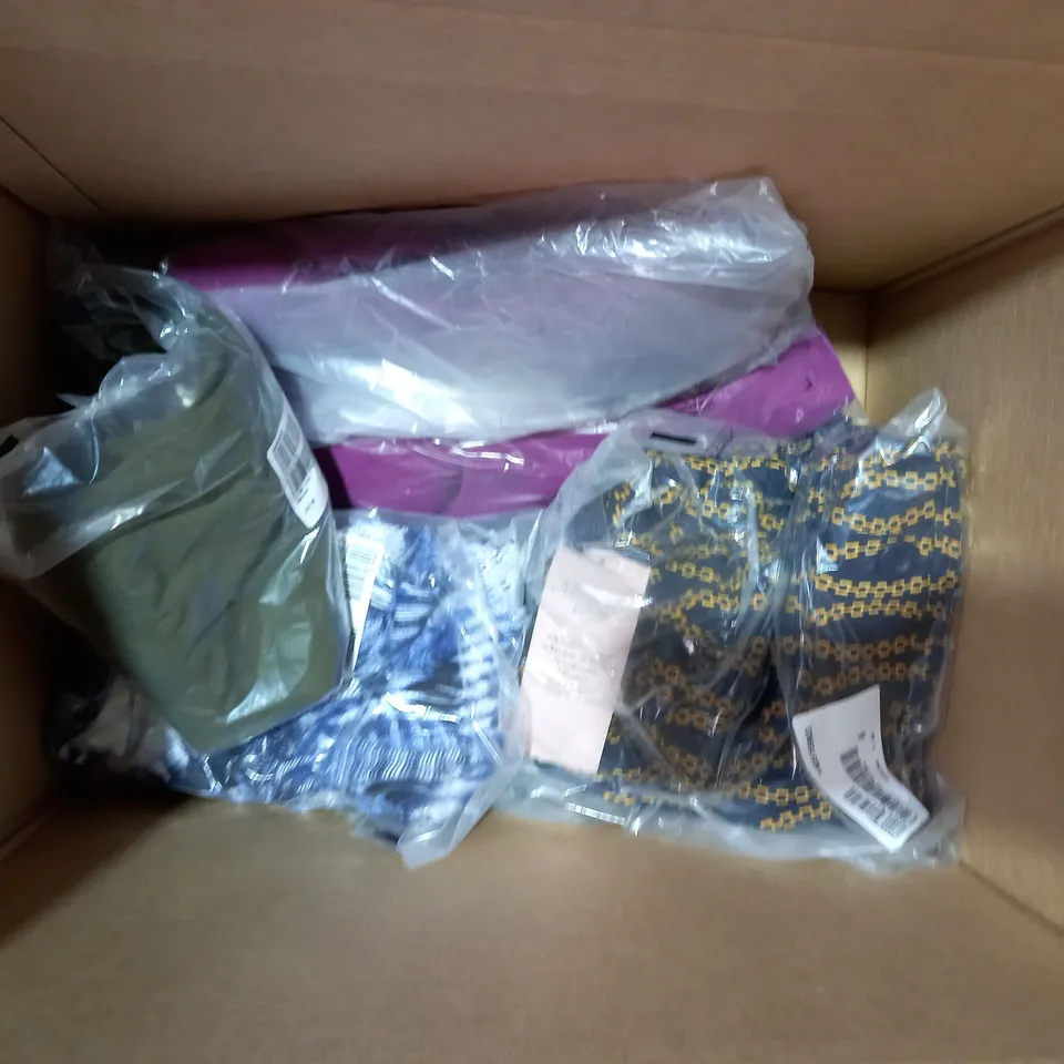 BOX OF APPROXIMATELY 10 ASSORTED HOUSEHOLD ITEMS TO INCLUDE PHASE EIGHT MINI DRESS SIZE 20, DESIGNER BLANKET HOODIE IN CRANBERRY COLOUR ONE SIZE, DESIGNER LOW TOP IN STONE COLOUR ONE SIZE, ETC