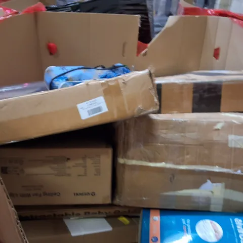 PALLET OF ASSORTED HOUSEHOLD ITEMS AND PRODUCTS TO INCLUDE;MEMORY FOAM PILLOW,CEILING FAN WITH LIGHT,RETRACTABLE SAFETY GATE