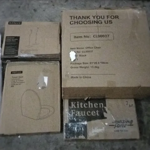 PALLET OF ASSORTED ITEMS INCLUDING OFFICE CHAIR, KITCHEN FAUCET, TOILET SEAT, CLEAR UMBRELLA, SANUS ADJUSTABLE HEIGHT SPEAKER STANDS