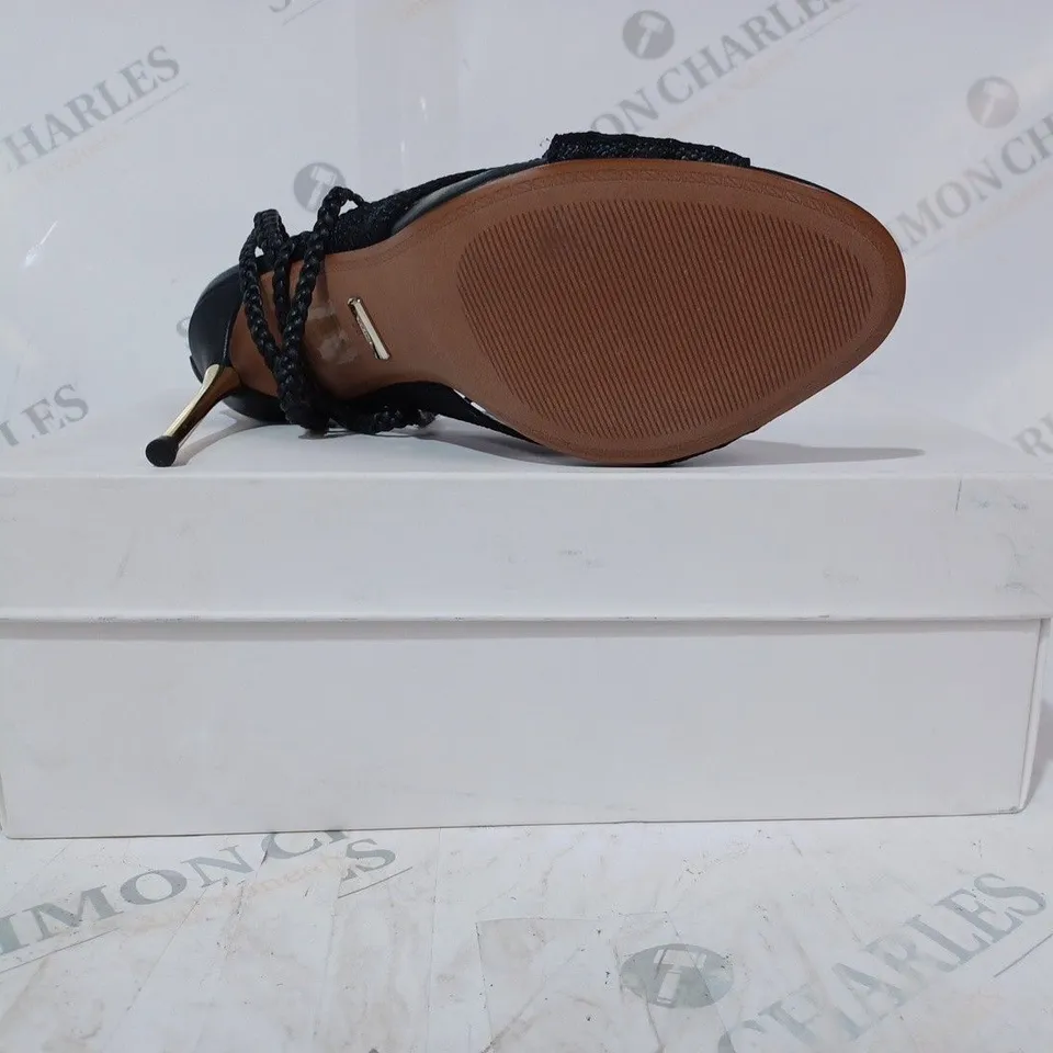 BOXED PAIR OF REISS MINERVA STRAPPY HEELS IN BLACK SIZE 5