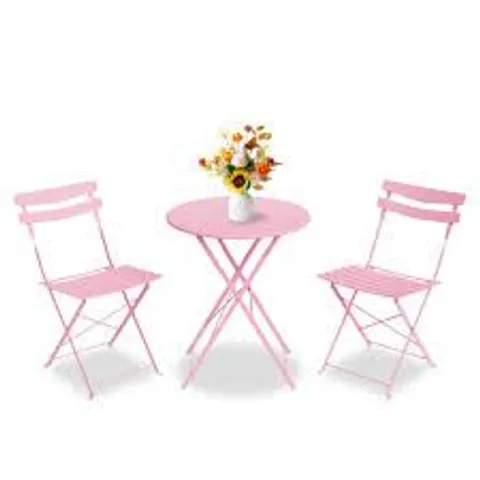 BOXED GARVEE 3 PIECE FOLDING BISTRO SET, METAL OUTDOOR PATIO TABLE AND CHAIRS - PINK (1 BOX)