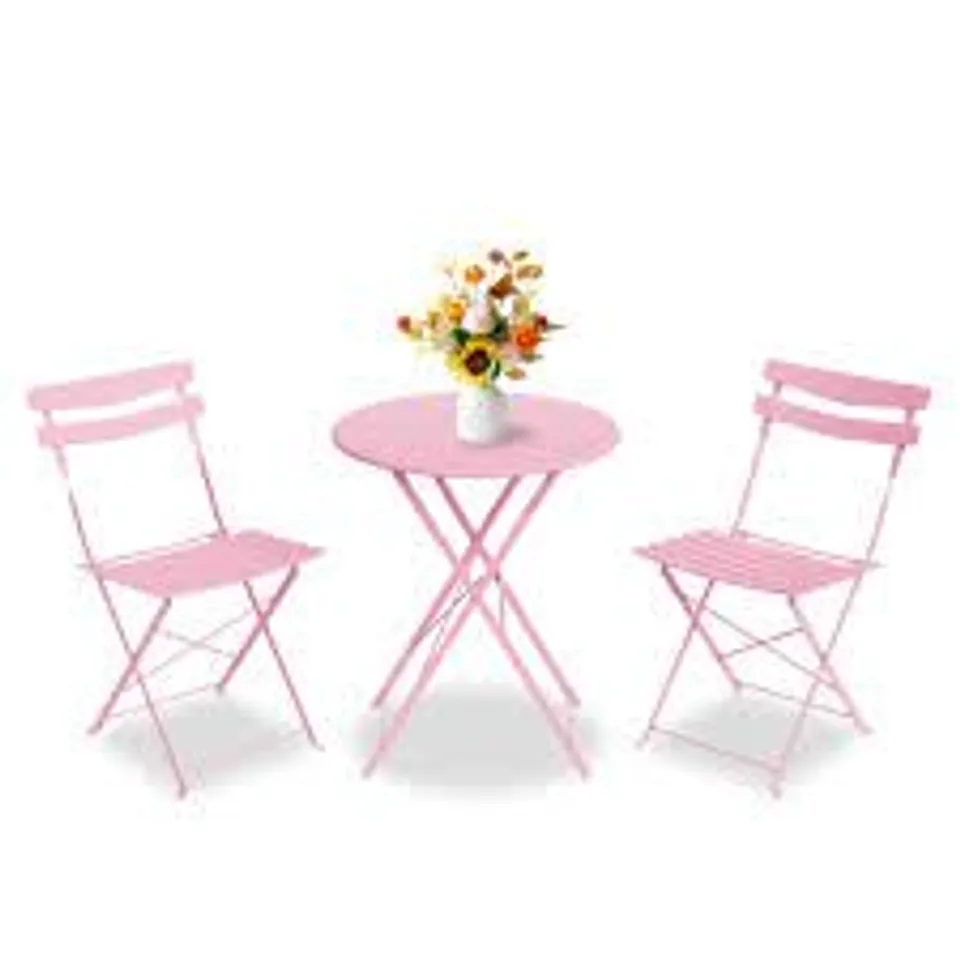 BOXED GARVEE 3 PIECE FOLDING BISTRO SET, METAL OUTDOOR PATIO TABLE AND CHAIRS - PINK (1 BOX)