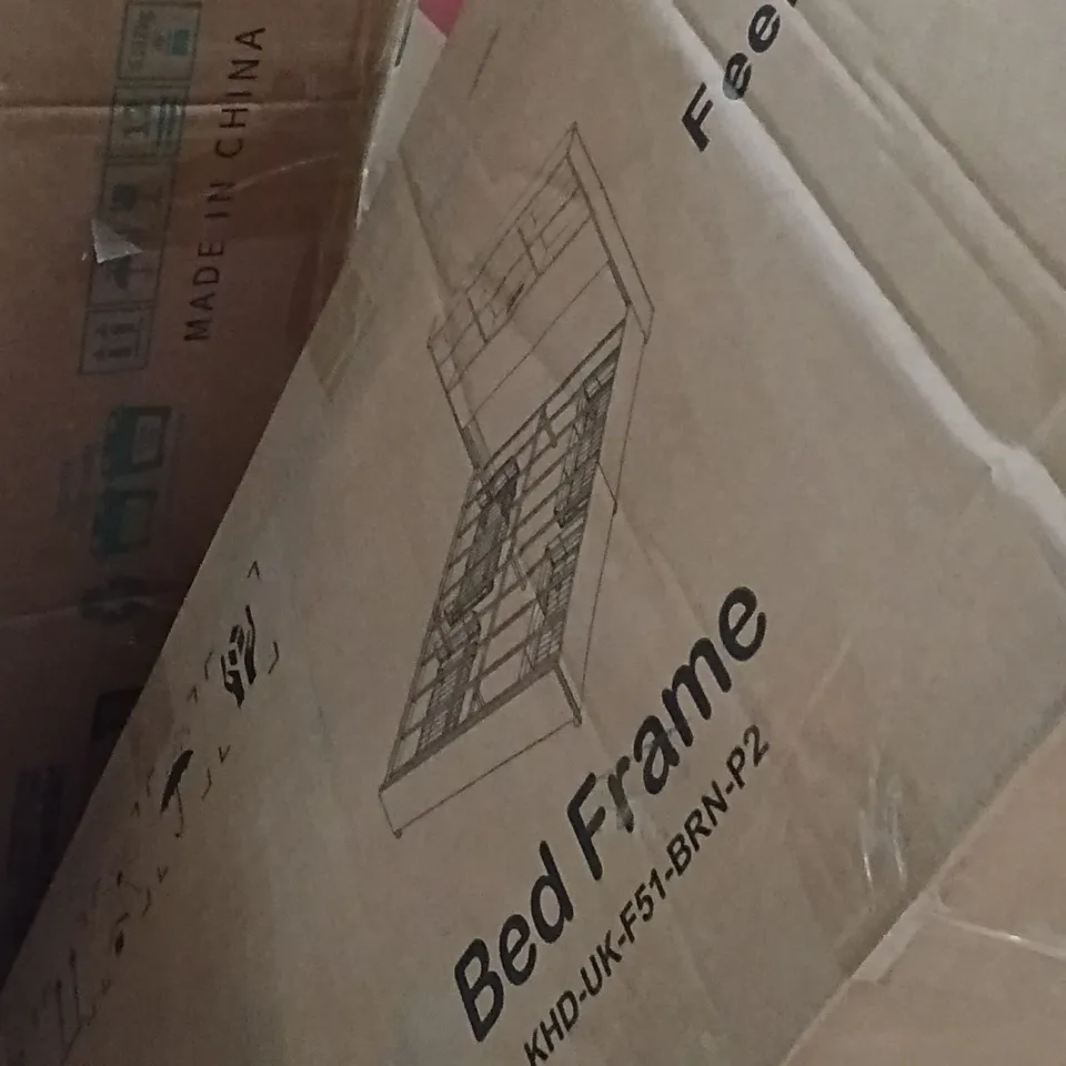 BOXED BED FRAME WITH TALL STORAGE BOOKCASE HEADBOARD//SIZE: DOUBLE - BROWN (2 BOXES)
