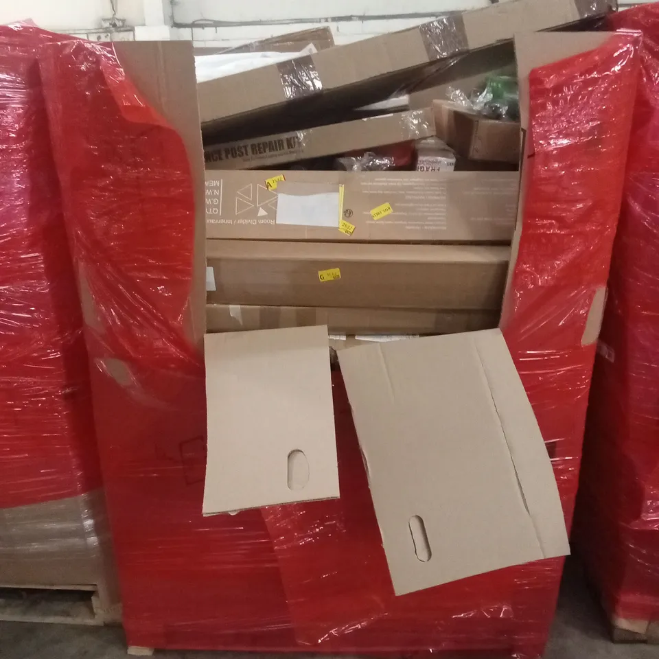 PALLET OF ASSORTED HOUSEHOLD GOODS AND PRODUCTS TO INCLUDE; FENCE POST REPAIR KIT, BOXED FURNITURE ETC
