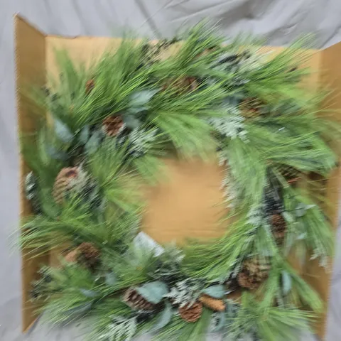 BOXED PRE LIT CHRISTMAS WREATH WITH GREEN BERRIES AND PINECONES - 90 CM