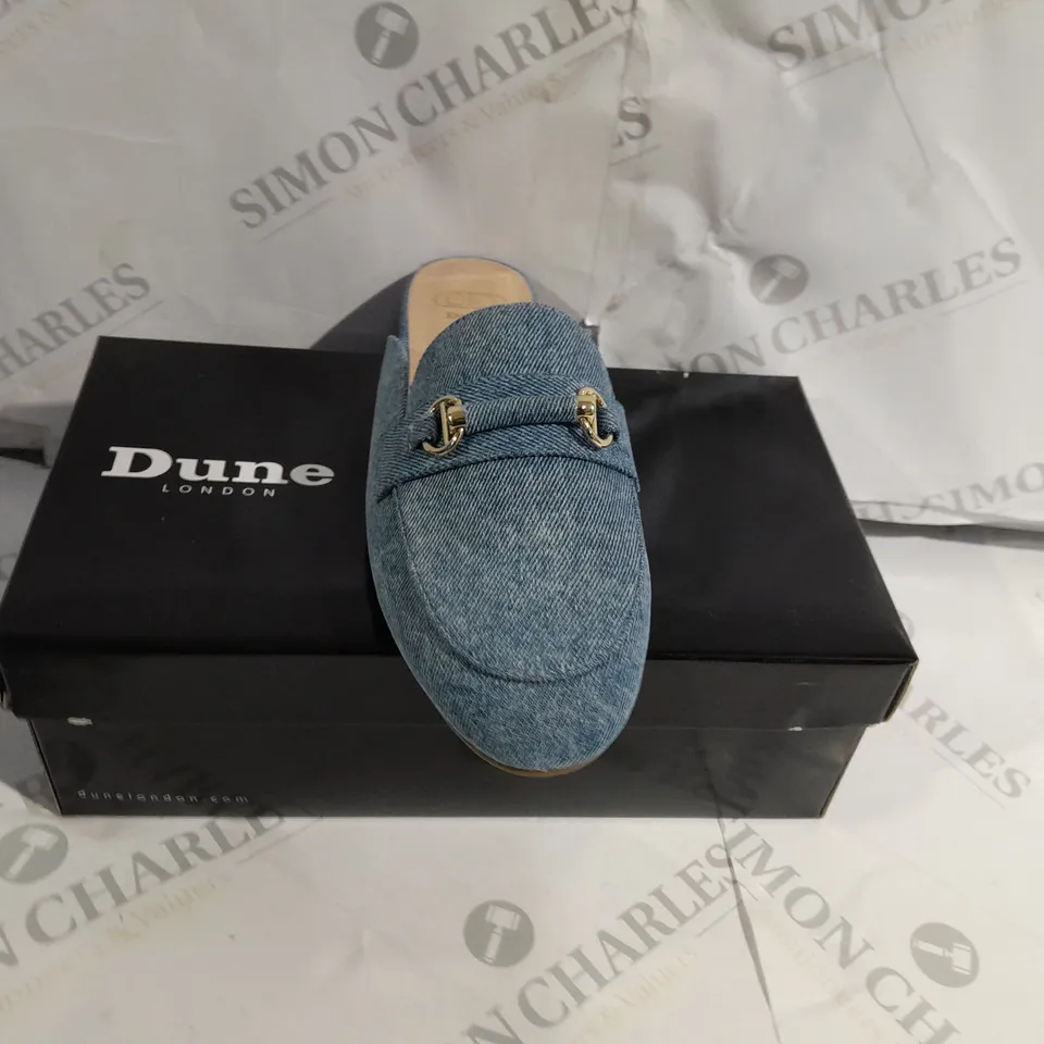 BOXED PAIR OF DUNE LONDON LOAFERS IN BLUE DENIM UK SIZE 6