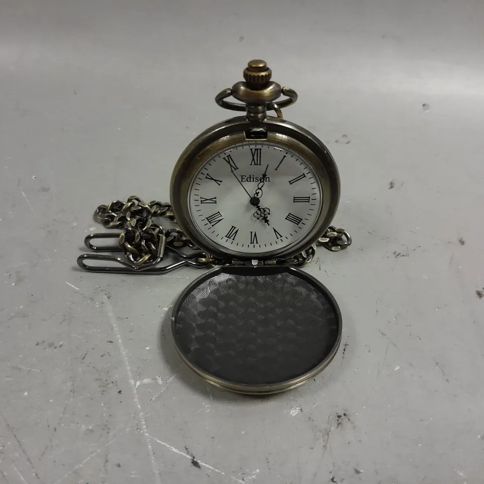 BOXED EDISON MENS QUARTZ POCKET WATCH WITH CHAIN SATIN GOLD 