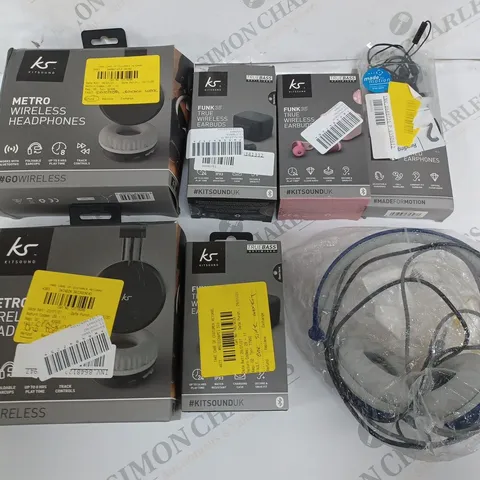 LOT OF 7 ASSORTED KITSOUND TECH ITEMS TO INCLUDE WIRELESS HEADPHONES AND EARBUDS