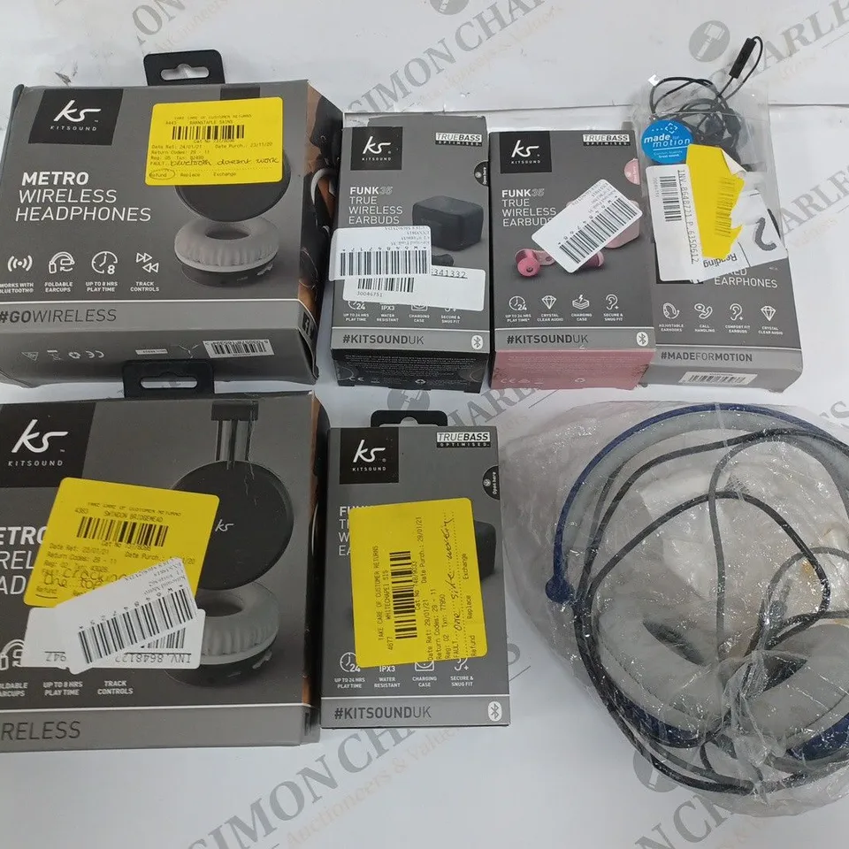 LOT OF 7 ASSORTED KITSOUND TECH ITEMS TO INCLUDE WIRELESS HEADPHONES AND EARBUDS