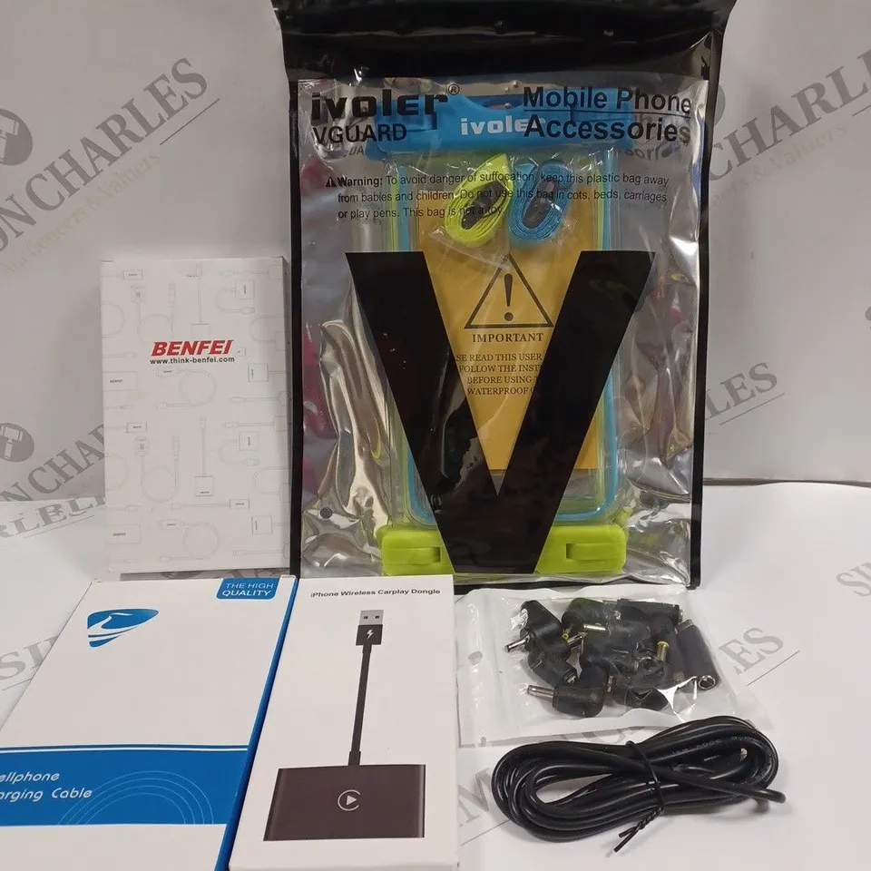 BOX OF ASSORTED MOBILE PHONE ACCESSORIES TO INCLUDE IVOLER VGUARD PACK, IPHONE WIRELESS CARPLAY DONGLE, ASSORTED AUDIO JACKS, ETC