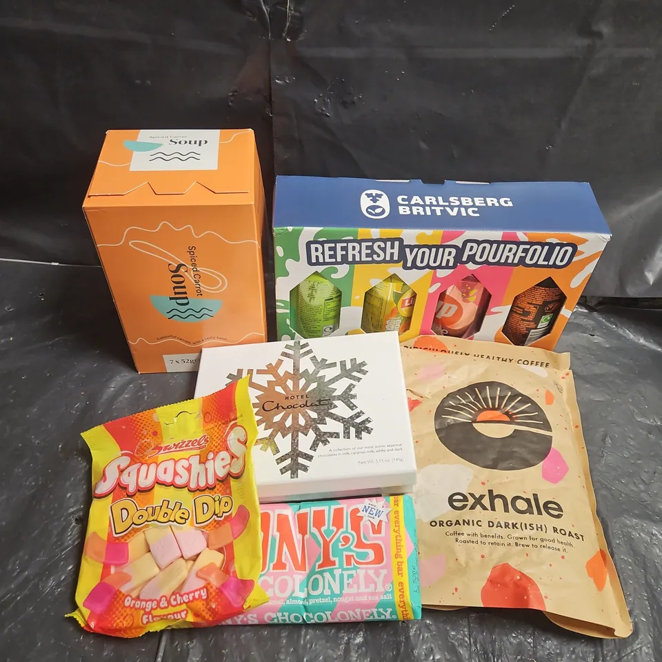 APPROXIMATELY 6 ASSORTED FOOD ITEMS TO INCLUDE - HABITAT SPICED CARROT SOUP - EXHALE DARK ROAST COFFEE - HOTEL CHOCOLATE MINI COLLECTION - ETC