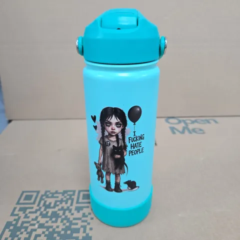 TURQUOISE WATER BOTTLE WITH CARTOON GIRL AND 'I FUCKING HATE PEOPLE' DESIGN
