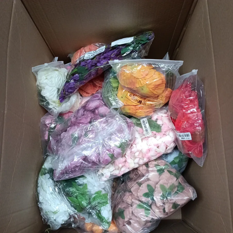 BOX OF APPROXIMATELY 20 ASSORTED ARTIFICIAL FLOWERS FOR DECORATION