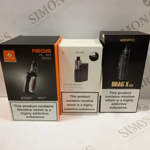 BOX OF APPROXMATELY 30 E-CIGARETTES AND LIQUIDS TO INCLUDE VOOPOO DRAG X PRO, ASPIRE POCKEX BOX KIT, GEEVAPE AEGIS 100W, ETC