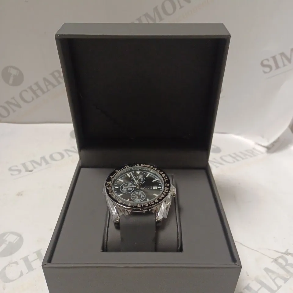 MEN’S LATOR CALIBRE L2842 CHRONOGRAPH WATCH – PREMIUM RUBBER STRAP – SILVER COLOUR CASE - BLACK DIAL & BEZEL – CHRONOGRAPH MOVEMENT