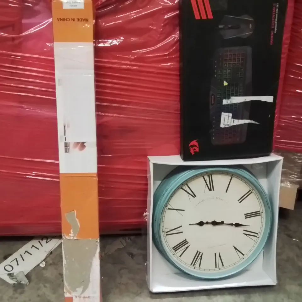 PALLET OF ASSORTED HOUSEHOLD GOODS AND PRODUCTS TO INCLUDE;RETRACTABLE SAFETY GATE,WALL CLOCK,GAMING KEYBOARD