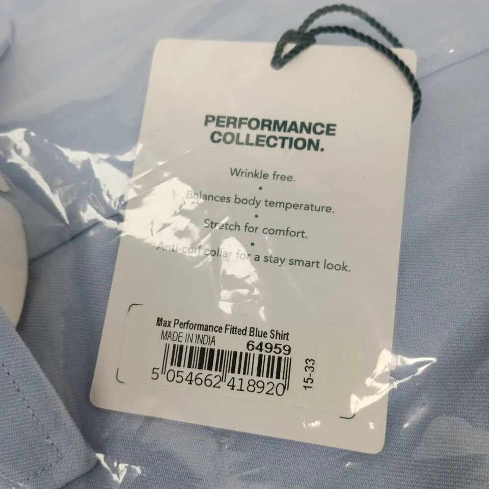 TM LEWIN MAX PERFORMANCE FITTED BLUE SHIRT – UK NECK 15IN, SLEEVE 33IN