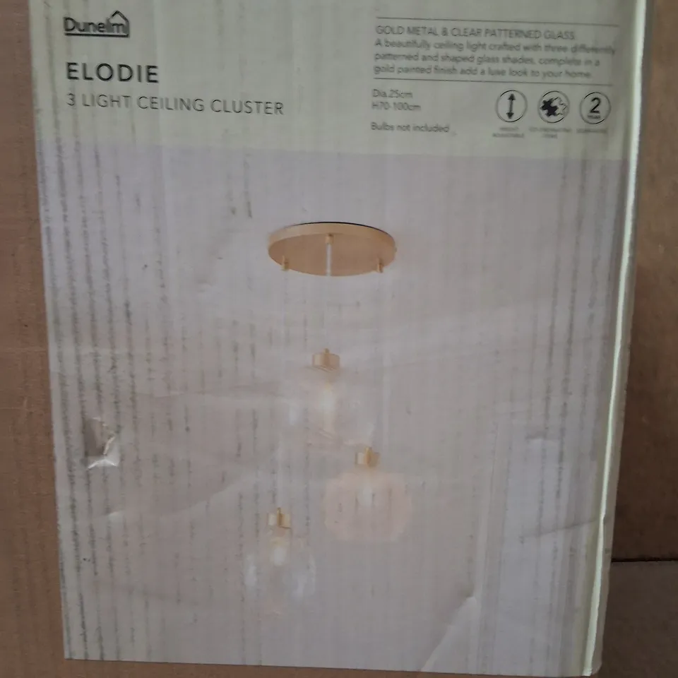 BOXED DUNELM ELODIE 3 LIGHT CLUSTER CEILING FITTING – CLEAR GLASS (GOLD METAL)