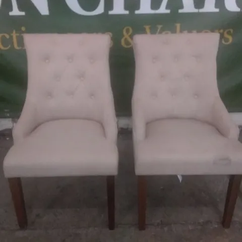 SET OF 2 DESIGNER BEIGE FABRIC BUTTON BACK DINING CHAIRS (DARK LEG)