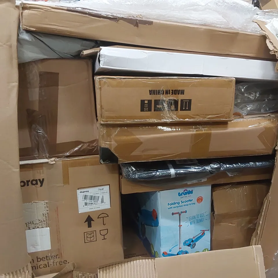 PALLET OF ASSORTED HOUSEHOLD ITEMS AND CONSUMER PRODUCTS TO INCLUDE; DUPRAY STEAM CLEANER, EXERCISE PRODUCTS, KIDS FOLDING SCOOTER, BOXED FURNITURE ETC 