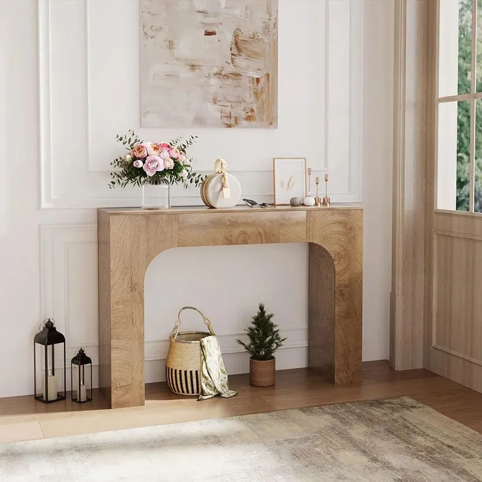 BOXED GARVEE 47" FARMHOUSE CONSOLE TABLE SLIM WOOD SOFA SIDE TABLE NARROW RUSTIC FOYER FURNITURE FOR LIVING ROOMS HALLWAYS APARTMENTS, DEEP OAK