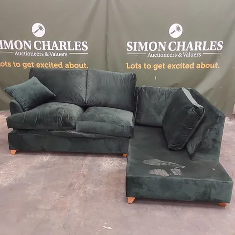 QUALITY DESIGNER GREEN VELVET UPHOLSTERED CORNER SOFA BED - MISSING CUSHIONS