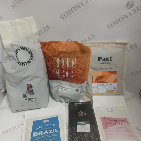 APPROXIMATELY 10 ASSORTED COFFEE PRODUCTS TO INCLUDE PACT COFFEE, THREE SISTERS, TIMBER TOWN ETC