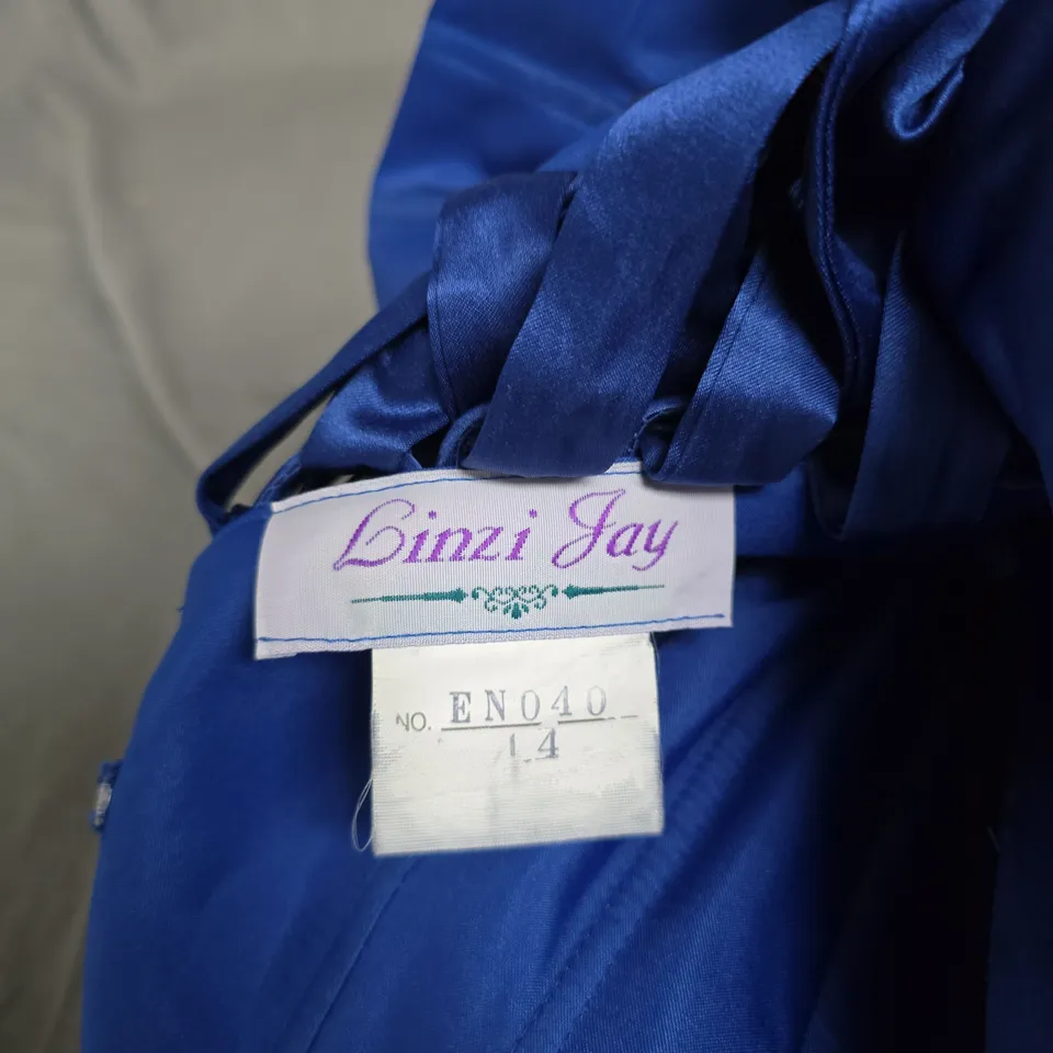 BINZI JAY BLUE SATIN EVENING DRESS – UK 14