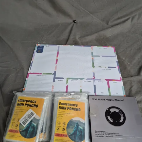 BOX OF APPROXIMATELY 15 ASSORTED HOUSEHOLD ITEMS TO INCLUDE EMERGENCY PONCHOS, DAILY ORGANISER PAD AND A WALL MOUNT ADAPTER BRACKET