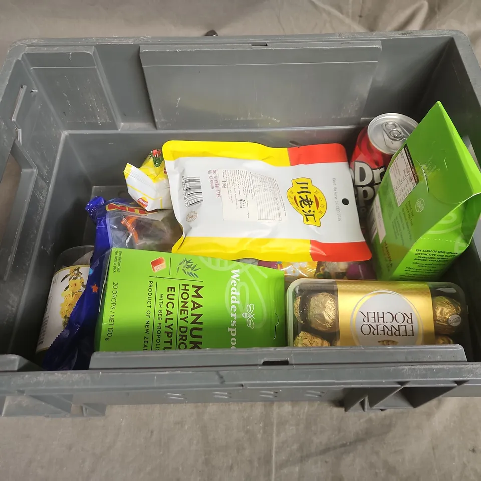TOTE OF APPROXIMATELY 11 ASSORTED FOOD AND DRINK ITEMS TO INCLUDE , DR PEPPER , HONEY DROPS , ETC 